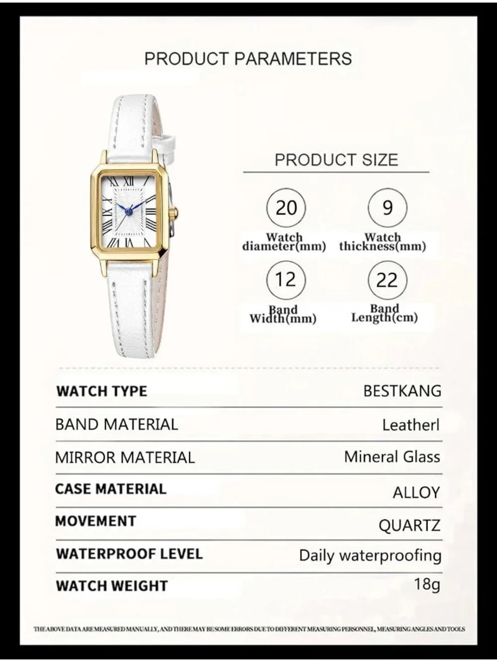 Women's White Gold Leather Strap Elegant Dainty Vintage Rectangle Wrist Watch